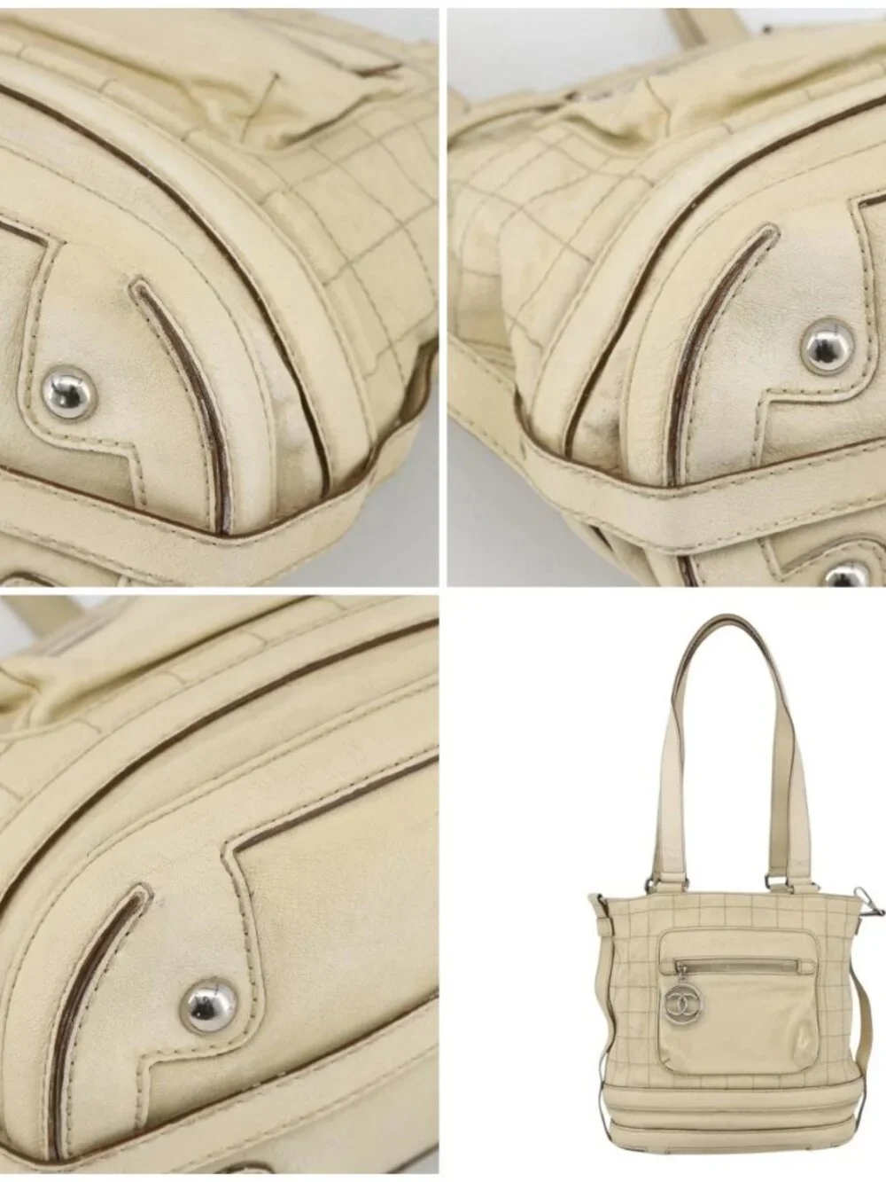 CHANEL Choco Bar Hand Bag Leather Ivory Silver CC Auth bs34277